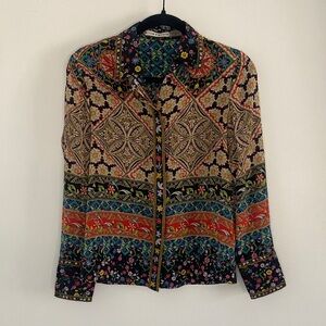 Alice + Olivia Willa Renzo Tile Long Sleeve Button Down Blouse Silk Small